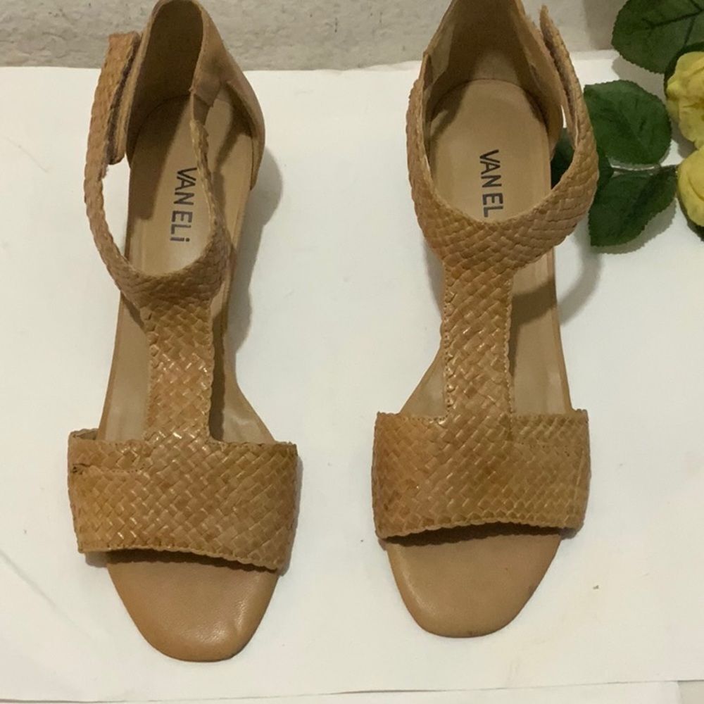 Vaneli Charee Tan  Woven Leather Ankle Strap Block Heel Sandals size 10 wide - Picture 2 of 12